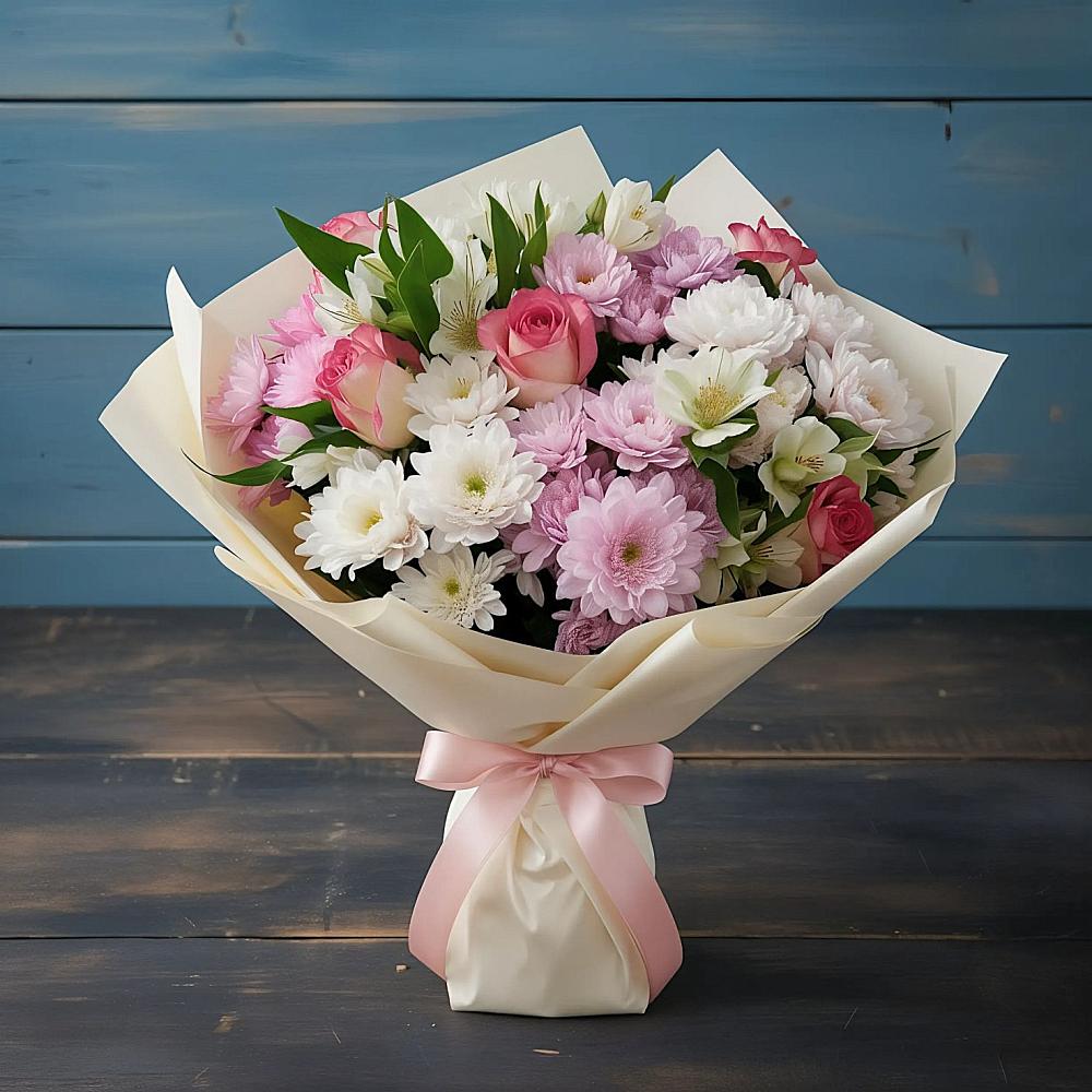 Букет цветов из: Хризантемы, Альстромерии и Розы в Дубнево